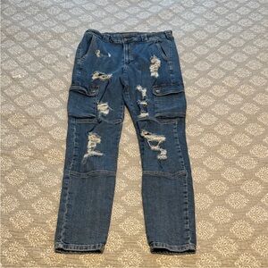 Fashion Nova Distressed Blue Cargo Jeans Pants